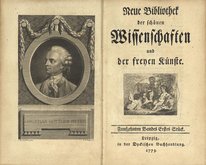 Frontispiz und Titelblatt: "Neue Bibliothek der schönen Wissenschaft und der freyen Künste", Bd.15, 1. St., 1773