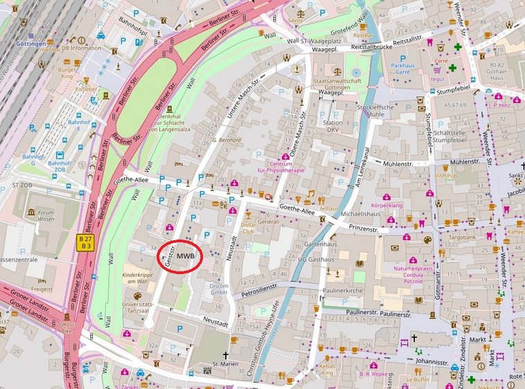 Karte vom Nordwesten der Göttinger Innenstadt, mit Standort der Arbeitsstelle des MWB 